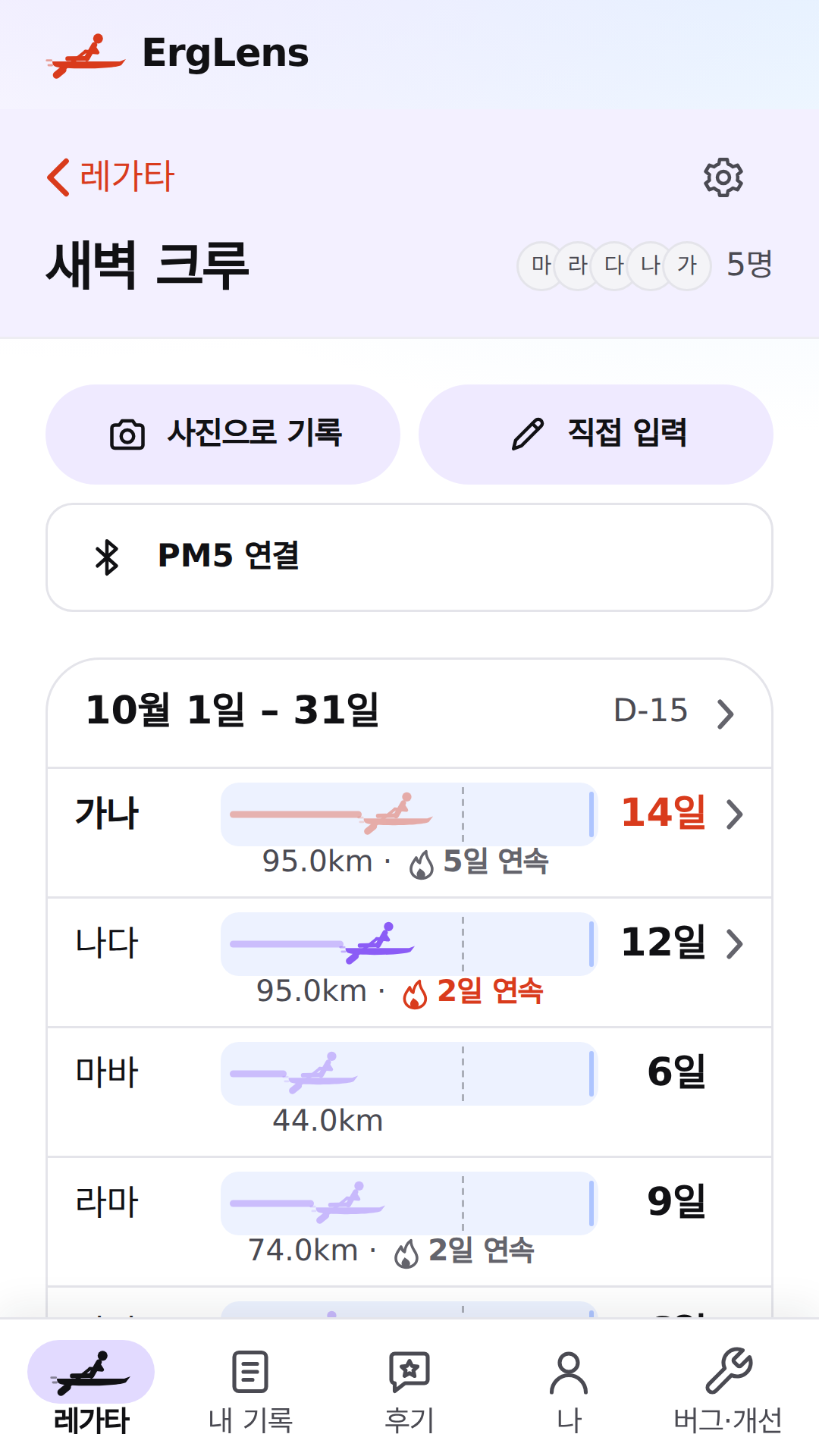 ErgLens 챌린지 화면: 저은 날마다 각자의 배가 앞으로 나아간다